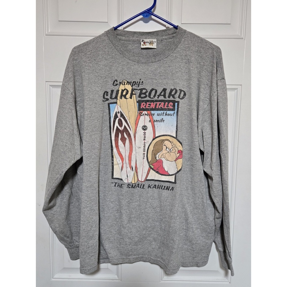 Vintage Disney Grumpy's Surfboard Rentals Men's Gray Long Sleeve Tee Rare L 90s